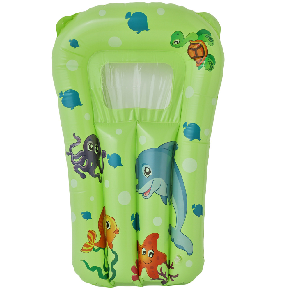 Small -- no handles -- small, green dolphins, children inflating floats (different sizes)